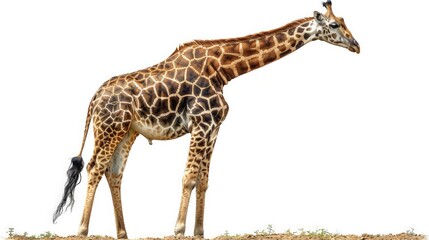 Obraz premium Giraffe reaching for leaves, isolated on white background, full-body shot, colored background, tall and graceful