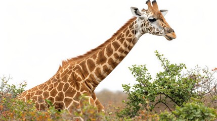 Obraz premium Giraffe reaching for leaves, isolated on white background, full-body shot, colored background, tall and graceful