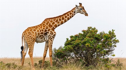 Obraz premium Giraffe reaching for leaves, isolated on white background, full-body shot, colored background, tall and graceful