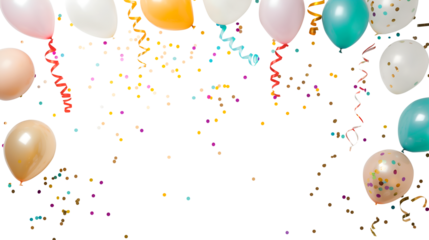 Creative party template. Colourful balloon, streamer, confetti on transparent background cutout, PNG file. Mockup template for artwork. Wallpaper banner

