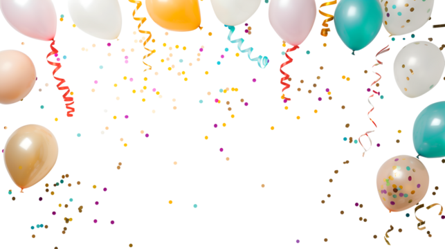 Creative party template. Colourful balloon, streamer, confetti on transparent background cutout, PNG file. Mockup template for artwork. Wallpaper banner

