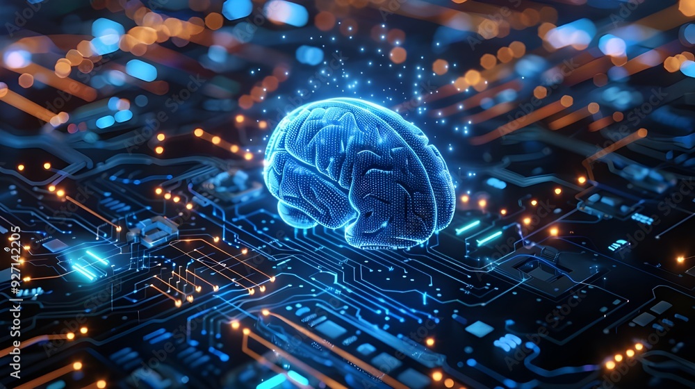 Poster a blue digital brain floating on top of an intricate circuit board, symbolizing the ai's ability to 