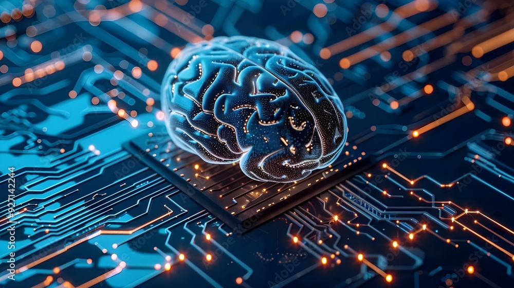 Poster a digital brain with circuit patterns around it, symbolizing the artificial intelligence theme.