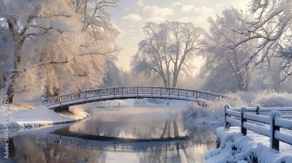 Poster a picturesque scene of a small, wooden bridge crossing a river in a snowy winter forest. the bridge 