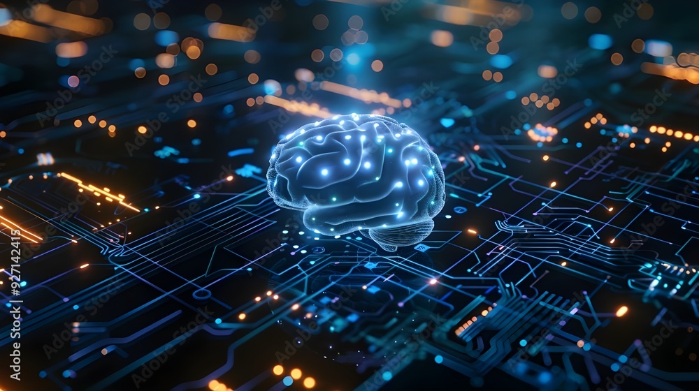 Poster a blue digital brain floating on top of an intricate circuit board, symbolizing the ai's ability to 