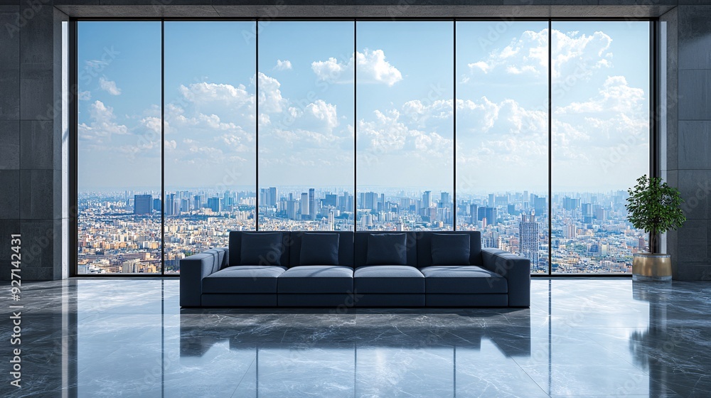 Poster a modern executive office high above the city with floor-to-ceiling windows providing an expansive v