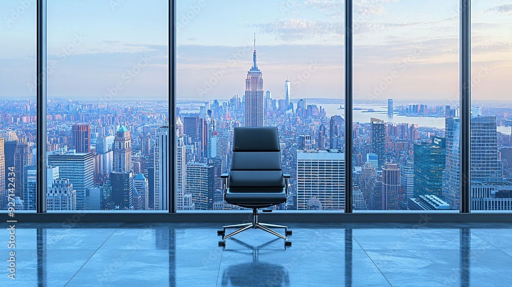Poster a modern executive office high above the city with floor-to-ceiling windows providing an expansive v