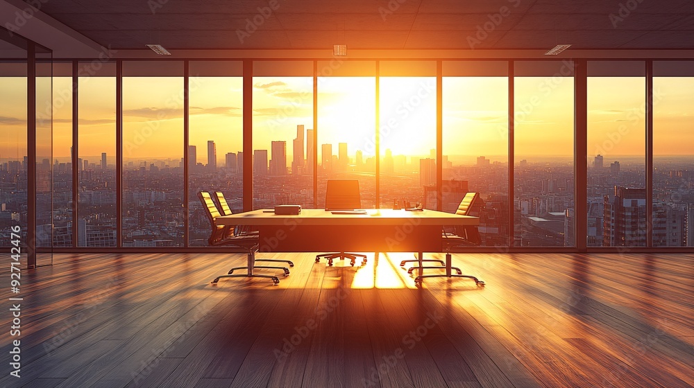 Poster a serene executive office with a panoramic view of the city through large windows the minimalist des