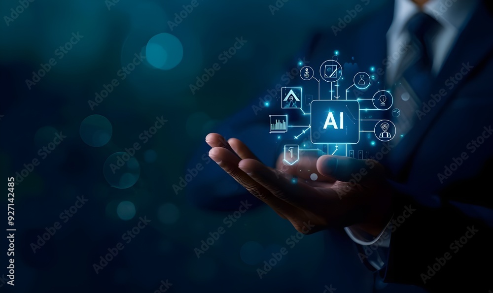 Poster businessman holding artificial intelligence technology with icons of ai chip, data and graphs on a d