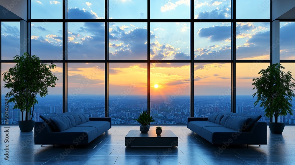 Poster a modern executive office high above the city with floor-to-ceiling windows providing an expansive v