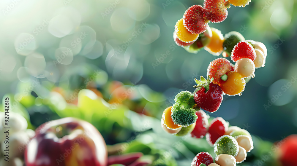 Poster a spiral of red and orange objects with a green, leafy background. there are also red and yellow veg