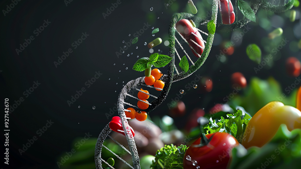 Poster a spiral of red and orange objects with a green, leafy background. there are also red and yellow veg