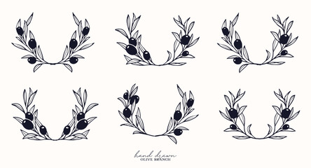 floral wreath olive Branch for olive oil logo or olive icon, hand drawn olive branch botanical herbs elements in vector format, floral olive frame