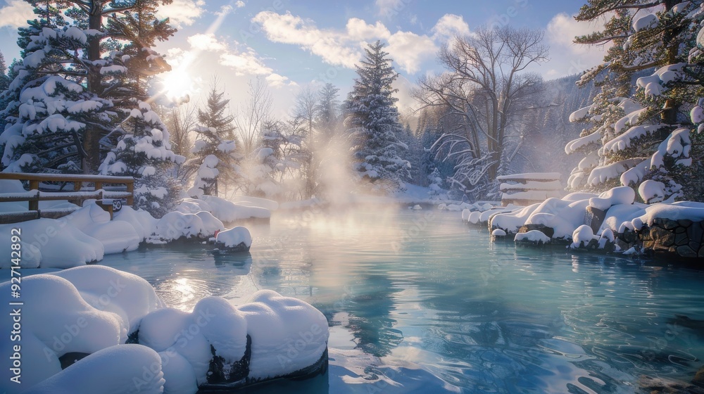 Poster a clear blue sky with fluffy white clouds sits above a snowy landscape with a frozen river. trees in
