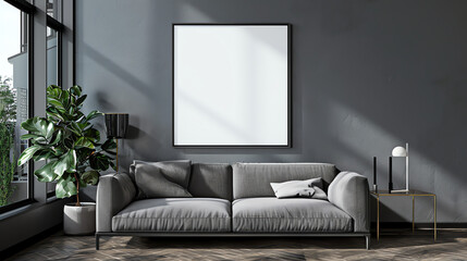 A terracotta-colored room with a large blank poster, a round blush-colored chair, a wooden coffee table, and a vase of dried pampas grass by a window.

