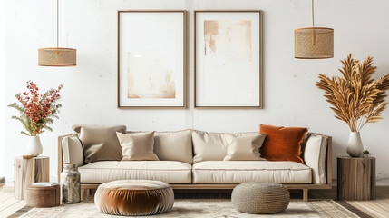 Two framed blank canvases on a wood wall, with light-colored armchairs and plants.

