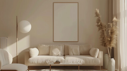 Two framed blank canvases on a wood wall, with light-colored armchairs and plants.

