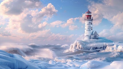 A lighthouse with a red roof stands on a small island, surrounded by frozen ocean water. Waves crash and roll against the shore, covered in a thick layer of ice. The sky above is filled with fluffy cl