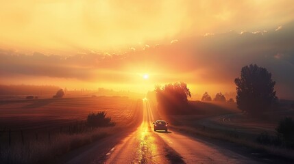 the car on the road at sunrise