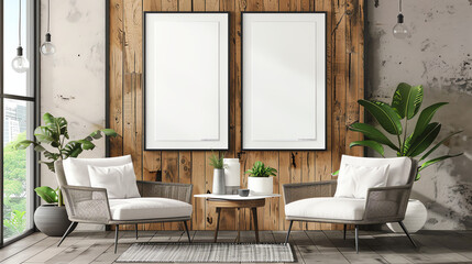 Two framed blank canvases on a wood wall, with light-colored armchairs and plants.

