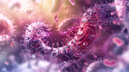 A highly detailed, stylized image of various viruses and bacteria in vibrant purple, pink, and white. They appear interconnected and swirling.

