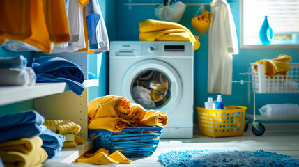 Laundry room with washing machine and colorful towels