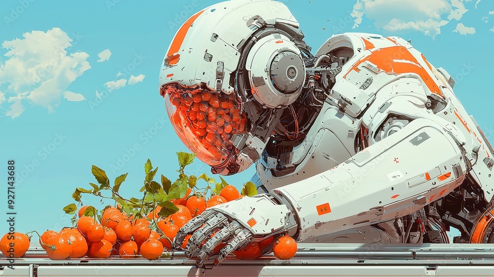 Poster futuristic robot farmer, an advanced automated system efficiently monitoring and harvesting fruits, 