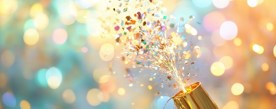 A vibrant display of sparkling confetti bursting from a party popper against a colorful blurred background, perfect for celebrations.