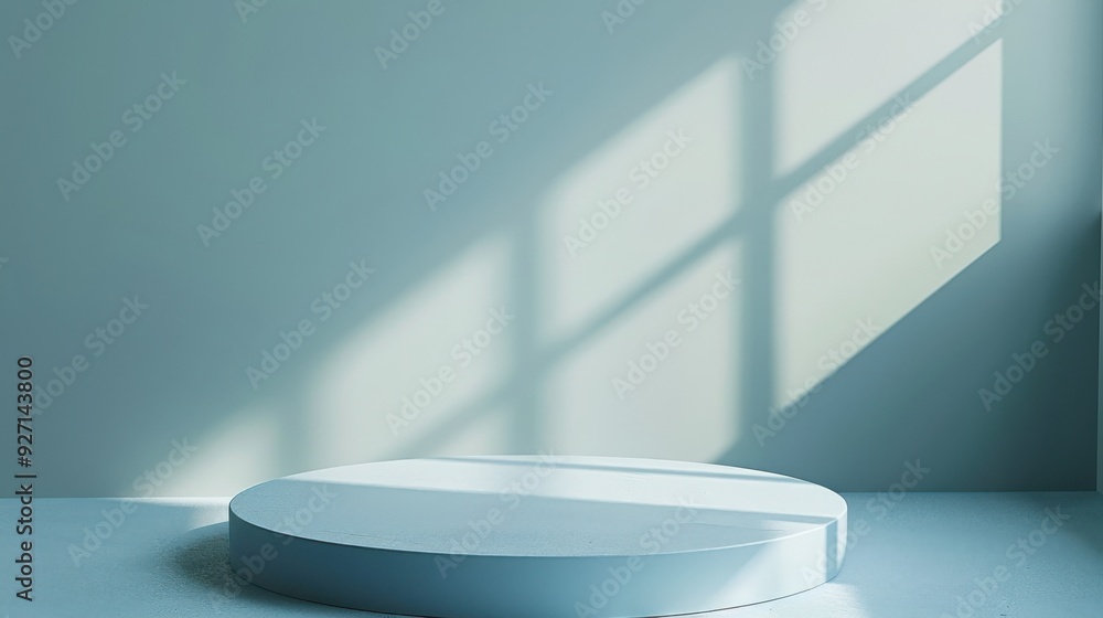 Aufkleber a circular platform sits on a light blue floor, illuminated by bright window light. the light casts 