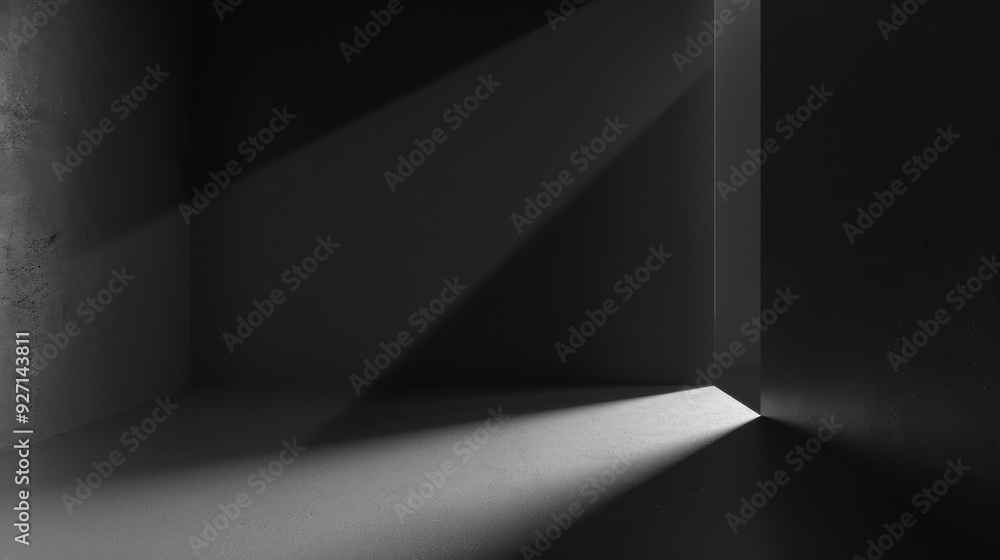 Fototapete a narrow beam of light shines through an opening in a dark, concrete room. the light illuminates a s