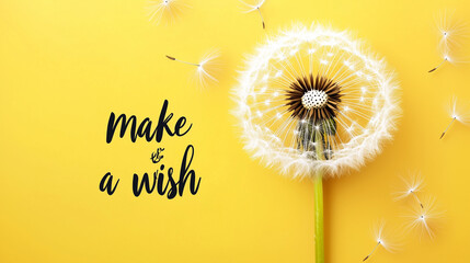 dandelion flower with black text "make a wish" isolated on yellow background