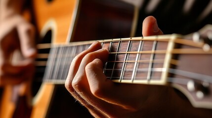 Fototapeta premium Acoustic Guitarist's Hands in Action: A Close-Up View