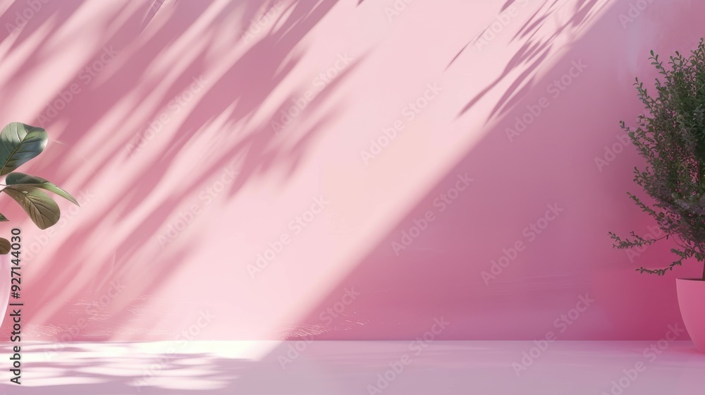 Poster a pink wall with two potted plants in the corners. sunlight casts long, diagonal shadows across the 