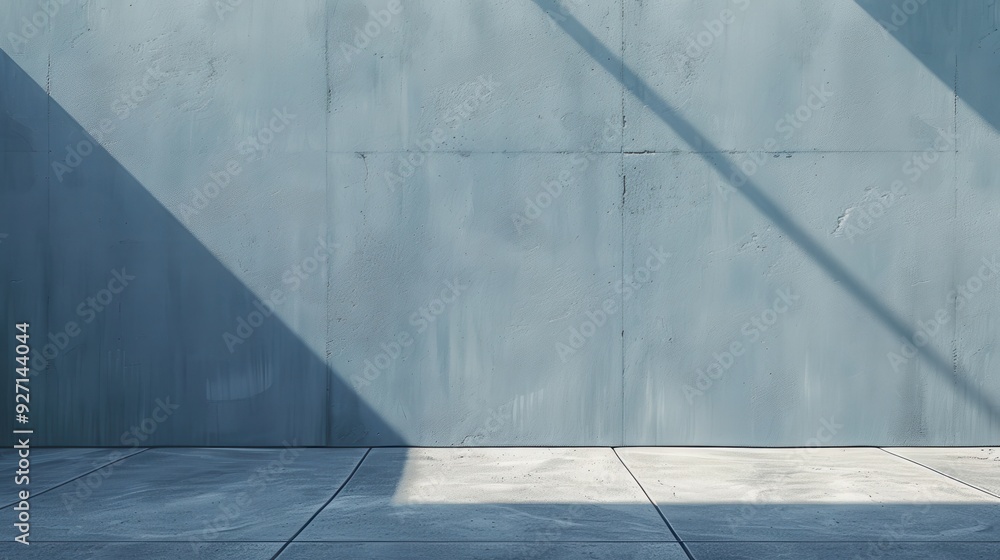 Fototapete a blue concrete wall with a tiled floor is illuminated by sunlight streaming in from an unseen windo