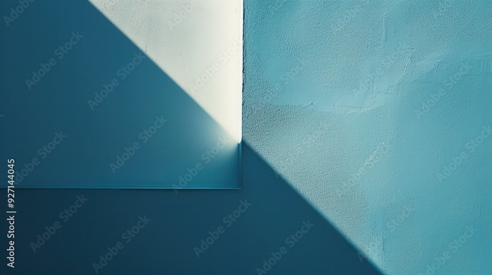Leinwandbilder the photograph captures a corner of a wall painted in a calming shade of blue. a beam of sunlight en