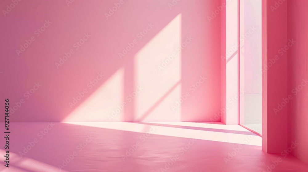 Poster Sunlight streams through a large window in a room with pink walls and flooring. The sunlight casts soft shadows on the walls and floor. The room is empty and the light creates a warm, inviting atmosph