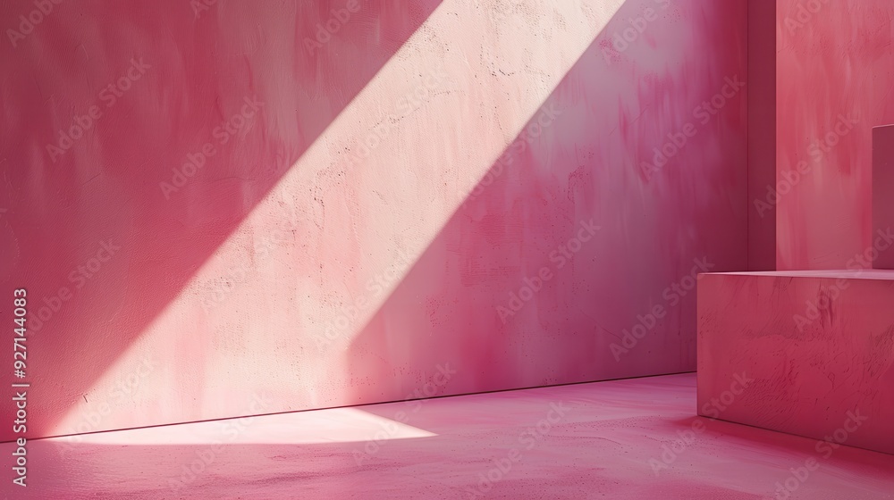 Fototapete A photograph of a minimalist room with pink walls and floors, featuring a diagonal beam of sunlight cutting through the space. A large, rectangular block sits in the foreground, adding depth and contr