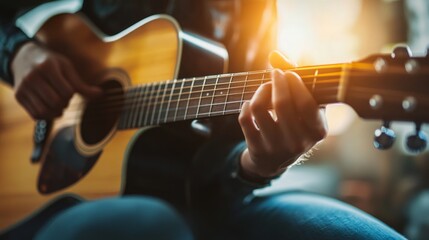 Naklejka premium Acoustic Guitarist's Hands: Close-Up Shot, Intricate Fingerwork