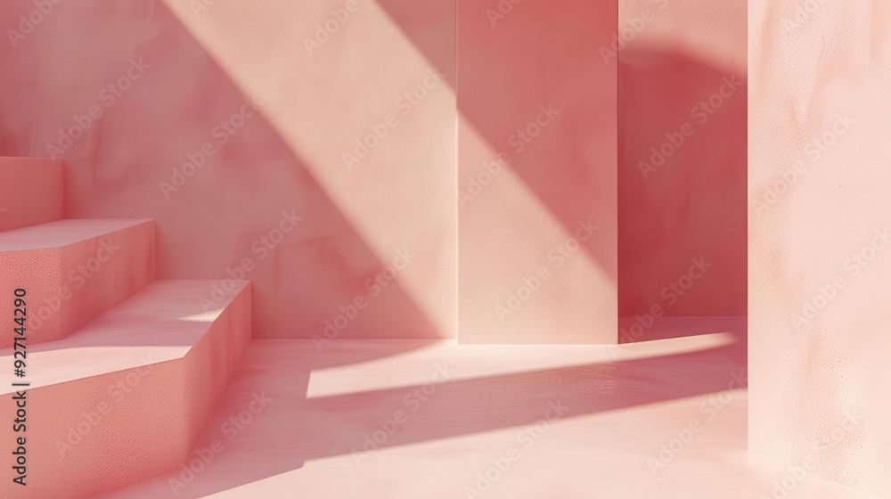 Aufkleber the image shows a pink room with stairs leading up to a wall. the sunlight streams in through a wind