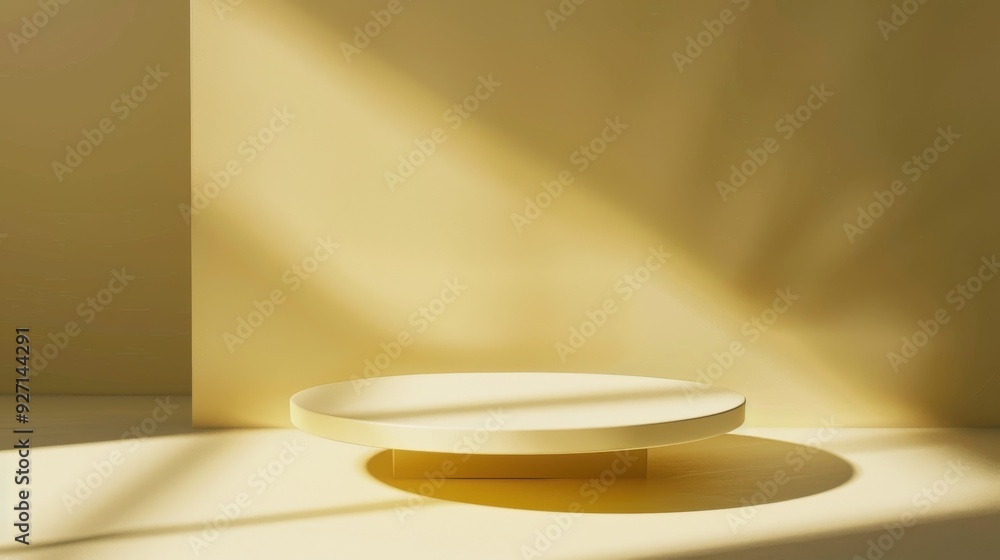 Aufkleber a white platform sits on a pale yellow surface in a room with soft, natural lighting. sunlight strea