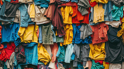 a pile of clothes, mostly shirts and sweaters, in various colors and patterns.