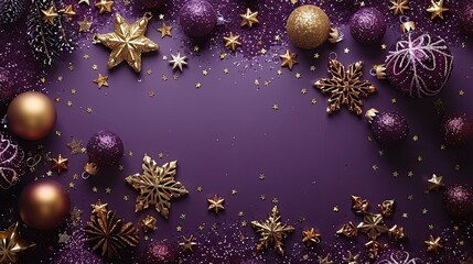 Fototapeta premium The luxury gold Christmas decorations on a purple background include golden stars, snowflakes, baubles, and confetti for a top view xmas greeting card design.