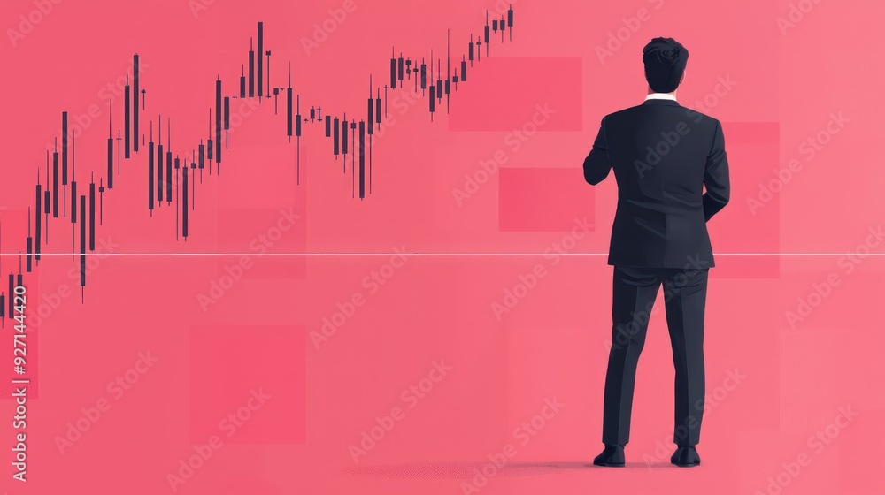 Poster businessman analyzing falling stock market chart in flat design concept on complementary color backg