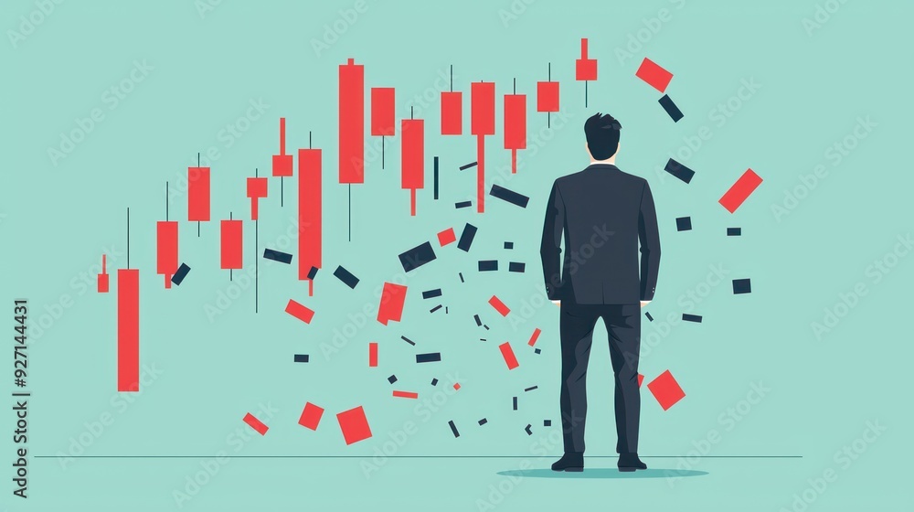 Poster businessman analyzing falling stock market chart in flat design with complementary color background,