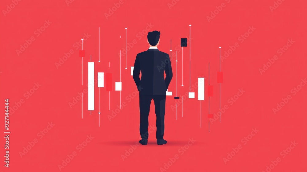 Poster businessman analyzing falling stock market chart in flat design with complementary background colors