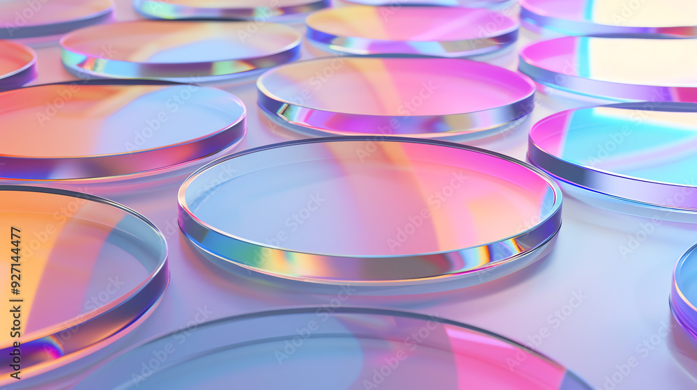 Poster a picture of many round, transparent objects with iridescent colors.