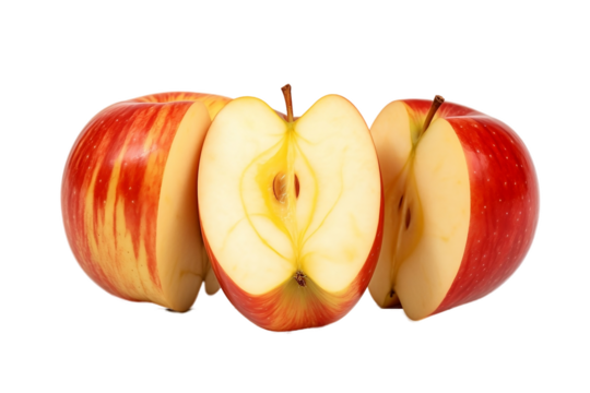 Peeled vibrant apples on white background