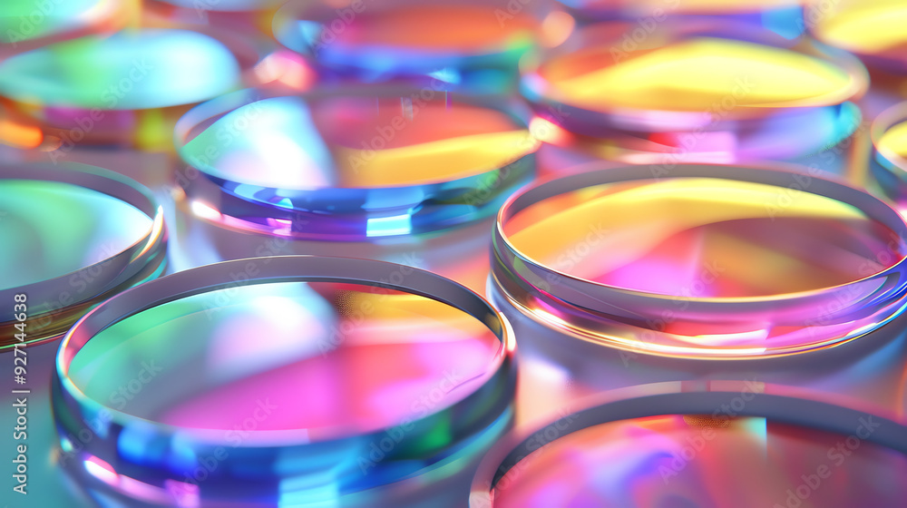 Poster a picture of many round, transparent objects with iridescent colors.