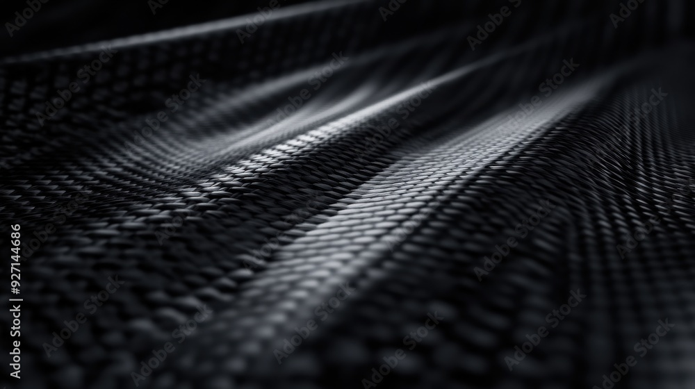 Poster a close-up view of textured fabric with wave patterns in shades of black and gray.