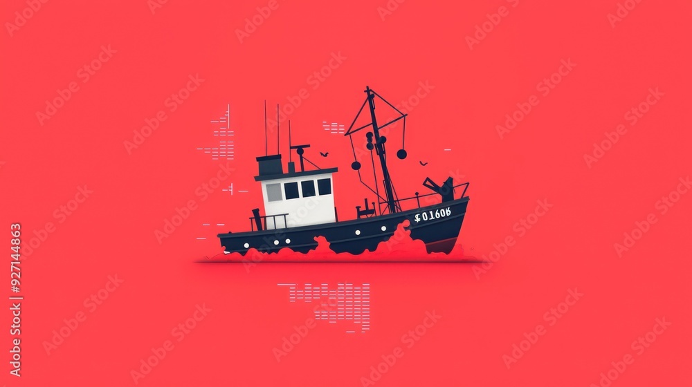 Poster business ship sinking in sea of red financial data with flat design and complementary color palette,